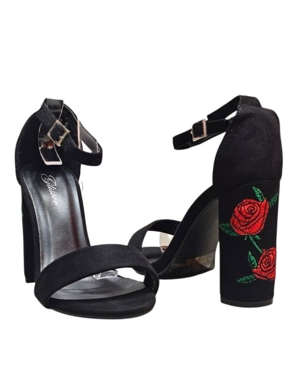 Black Faux Suede Block Heel Sandals With Rose Embroidery & Ankle Strap